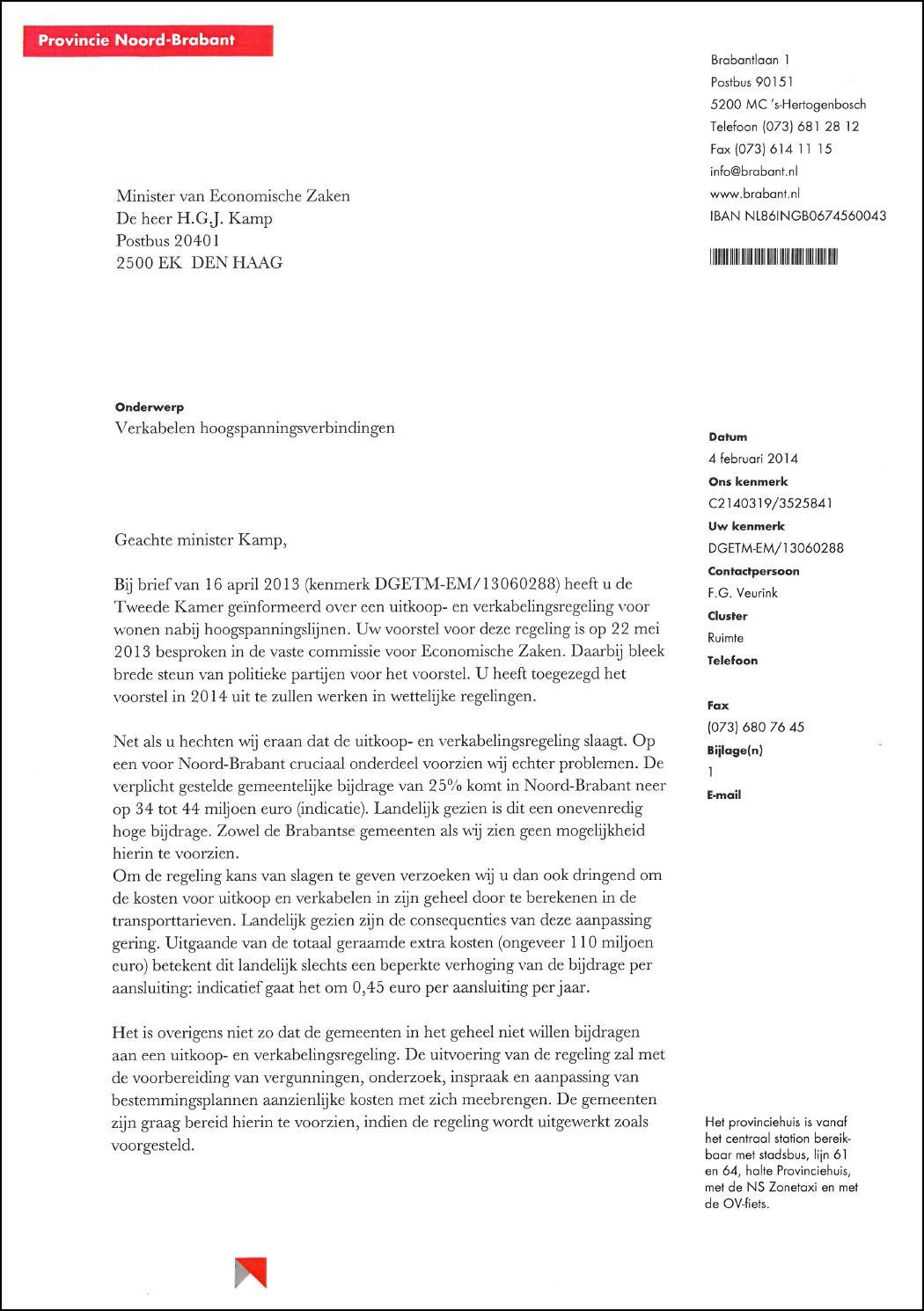 Brief van provincie Noord-Brabant en de Brabantse gemeenten aan minister Kamp